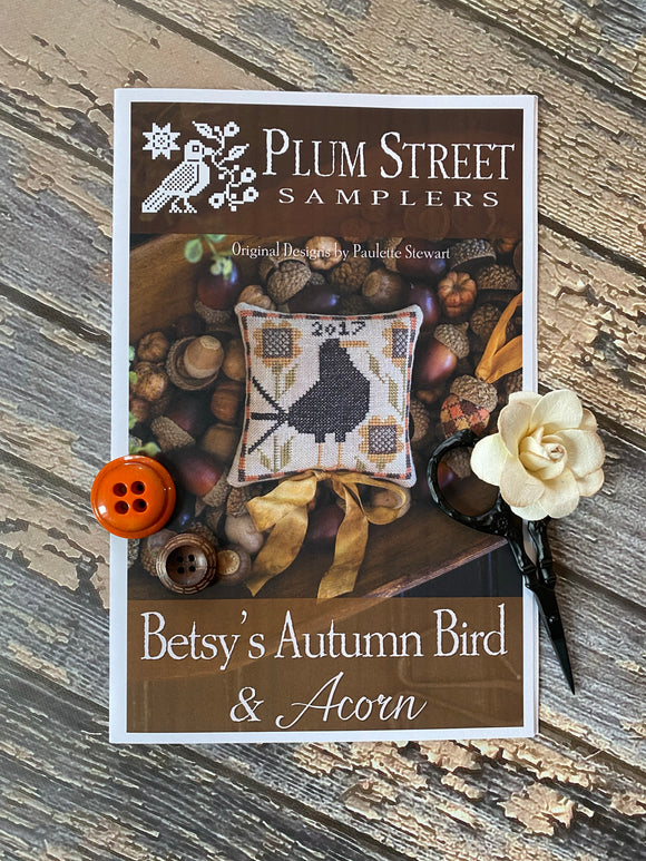 Betsy's Autumn Bird & Acorn | Plum Street Samplers